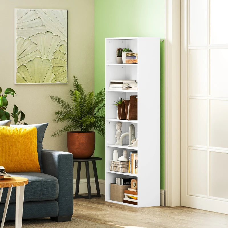 Modern White Six Shelf Bookcase - Stylish Storage Solution for Home or Office, Perfect for Organizing Books and Decor