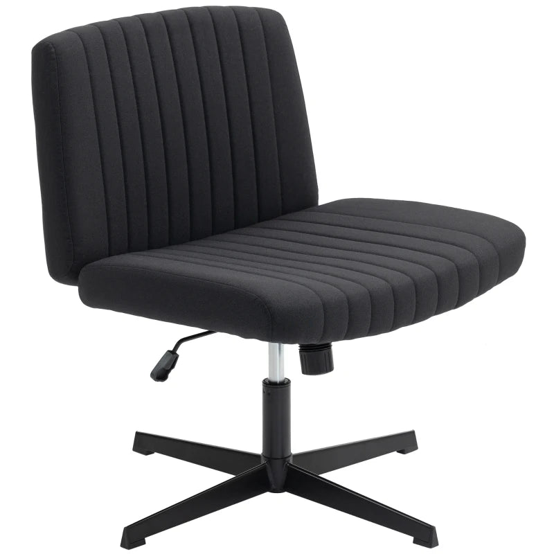 Armless Office Chair with Criss Cross Legs Linen Fabric Wide Seat Thick Padding Adjustable Swivel Desk Chair for Home Black