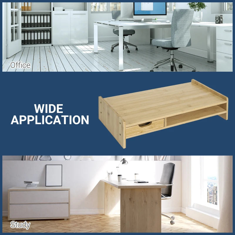 Bamboo Monitor Riser Stand with Drawer - Laptop PC Plinth Organizer for Desktop & TV - Stylish & Functional