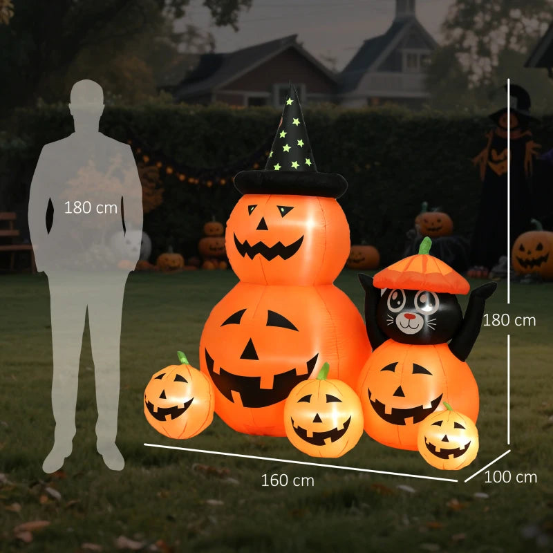 180 cm Halloween Inflatable Pumpkin & Cat with LED Lights - Self-Inflating Outdoor Decoration for Garden Party - Orange & Black