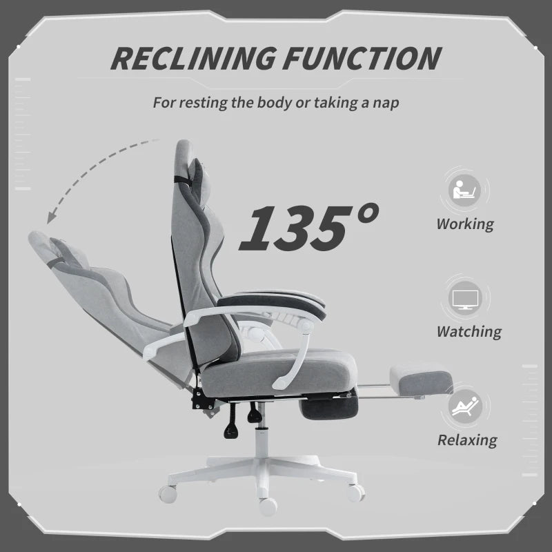 Ergonomic High Back Gaming Chair with Footrest - Velvet Recliner, Lumbar Support, Adjustable Height, 360° Swivel - Grey