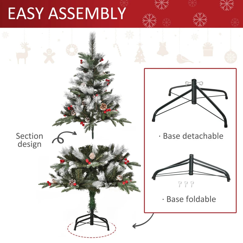 4FT Snow Dipped Christmas Pencil Tree with Red Berries & White Pinecones - Foldable Holiday Decoration for Home Parties