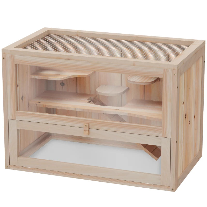 Natural Wooden Hamster Cage for Mice & Small Rodents - 60x35x42cm Exercise Play House Hutch