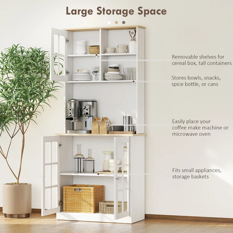 Freestanding Kitchen Storage Cabinet with Adjustable Shelves and Glass Doors 80L x 37W x 183H cm White