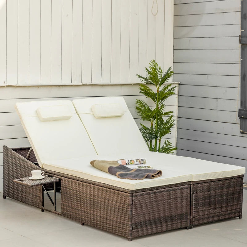 Double Rattan Sun Lounger Recliner Day Bed - Cream