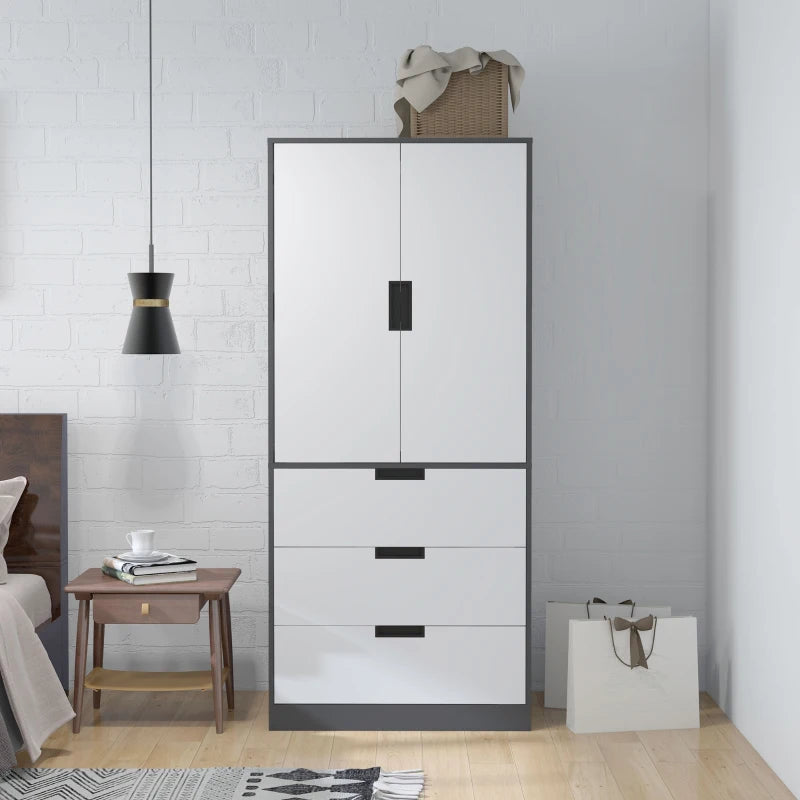 Modern 2 Door Wardrobe with 3 Drawers and Hanging Rod for Stylish Bedroom Storage Grey