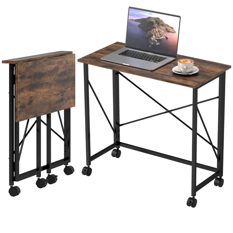 Rustic Brown 80 cm Folding Desk on Wheels - Space-Saving, Portable Workstation for Home Office & Study