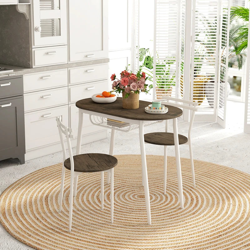 3-Piece Oval Dining Table Set with 2 Chairs & Wire Storage Shelf - Natural Steel Frame Kitchen Furniture