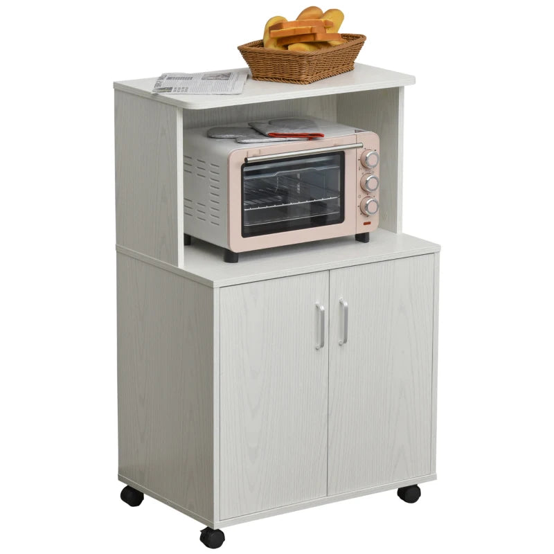 Modern Kitchen Storage Unit - Microwave Stand Trolley Cart with Locking Wheels, Sideboard & Shelf for Living Room/Dining Room - White