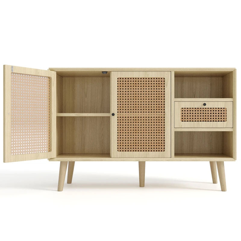 Modern Light Oak Sideboard with Woven Doors, Drawers & Unique Legs - 120L x 40W x 80H cm, Stylish Storage Solution