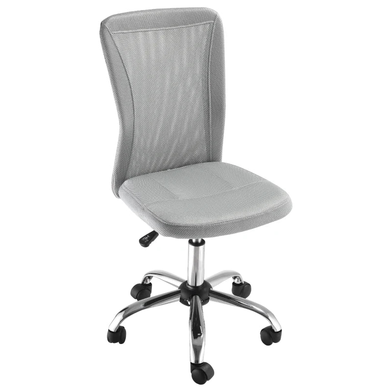 Armless Adjustable Office Chair with Rolling Wheels and Mesh Back for Home and Study Grey