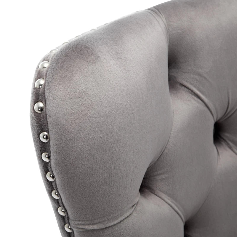 Set of 2 Grey Velvet Dining Chairs with Knocker Ring, Button Tufted Backrest & Rubber Wood Legs - Stylish & Comfortable