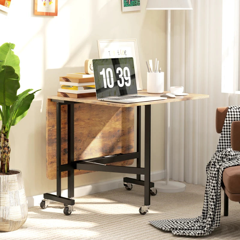 Versatile Six-Seater Drop-Leaf Dining Table on Wheels - Stylish Brown Wood-Effect for Space-Saving Dining Solutions