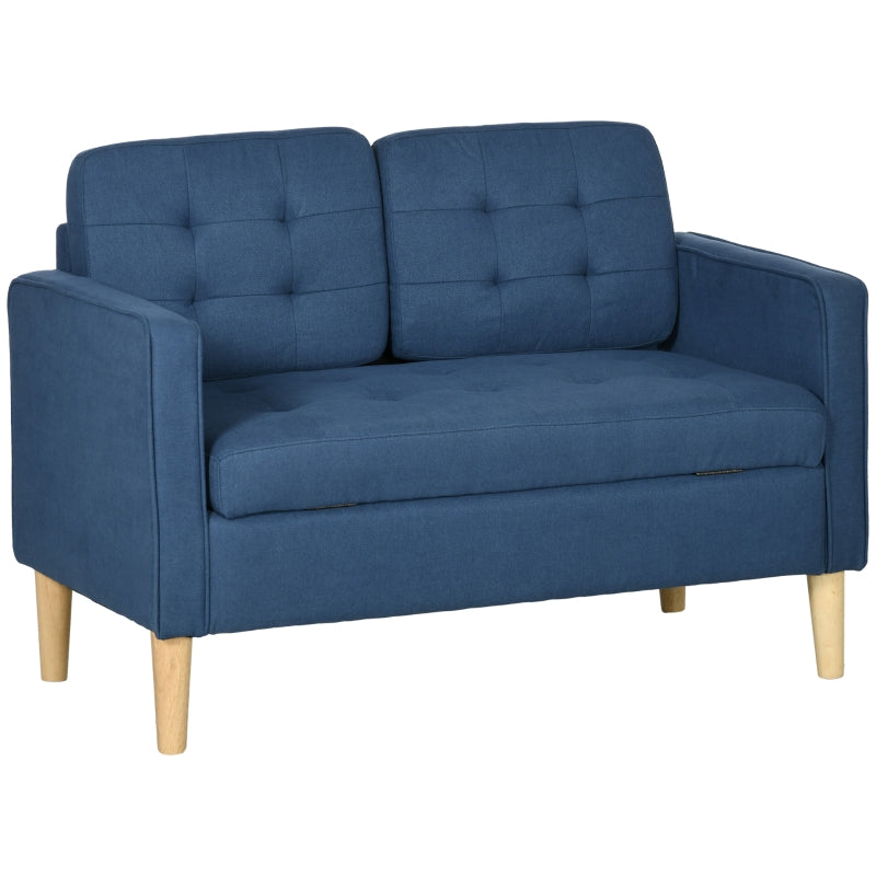 Compact Modern Loveseat Sofa with Hidden Storage, 117cm Tufted Cotton Couch with Wooden Legs in Blue
