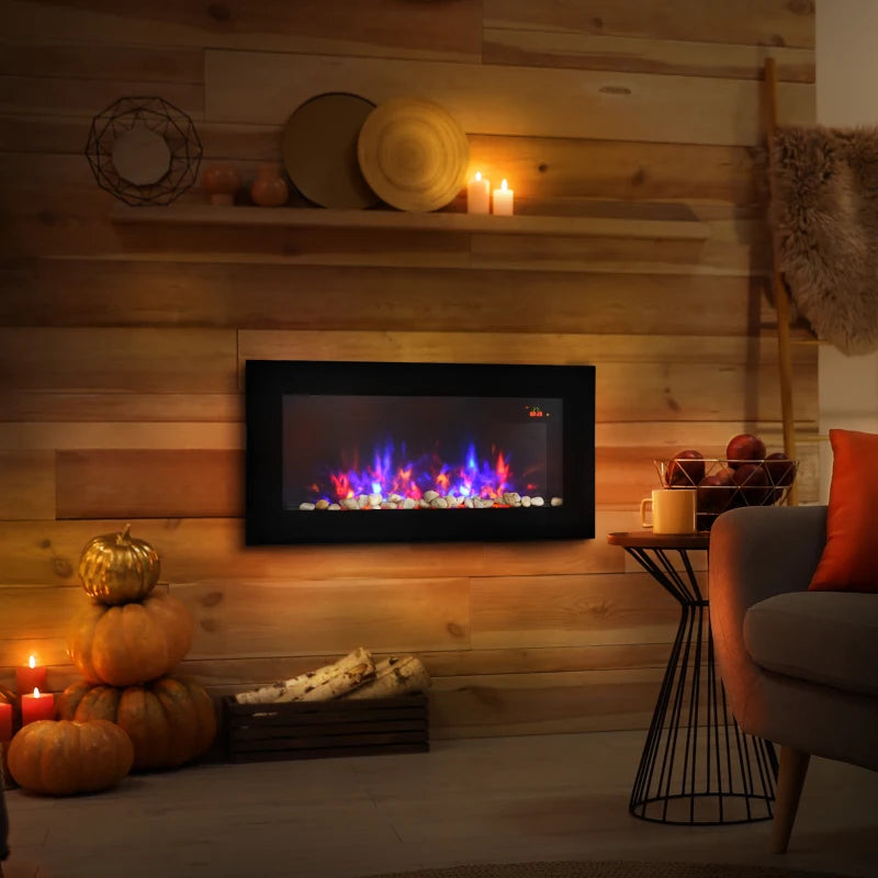Curved Glass Electric Wall Mounted Fireplace for Living Room 1000W 2000W Black 48H x 90.8W x 11.5Dcm