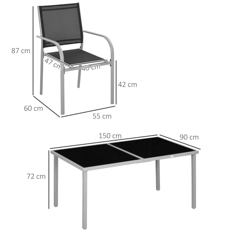 7 Piece Outdoor Garden Dining Set with Table and 6 Stackable Chairs Steel Frame Tempered Glass Top
