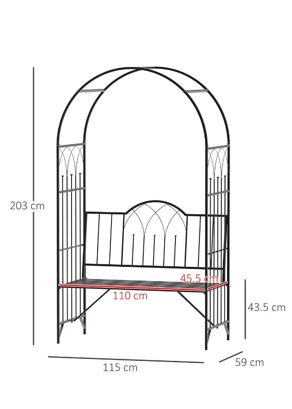 Black Metal Garden Arch Bench with Rose Trellis - Outdoor 2-Seater Arbour Pergola