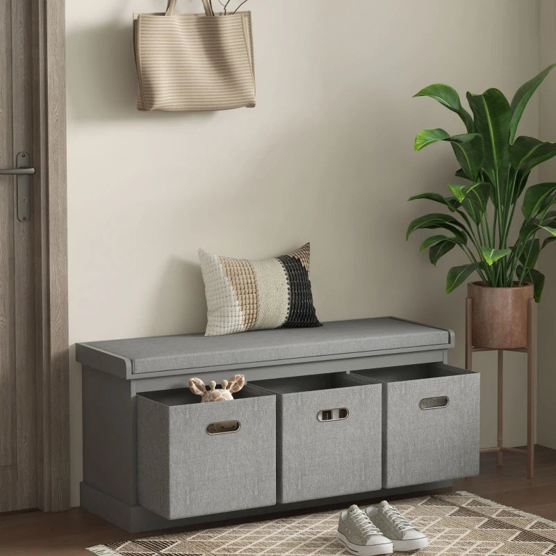 Three Drawer Shoe Storage Bench with Padded Top Seat in Grey