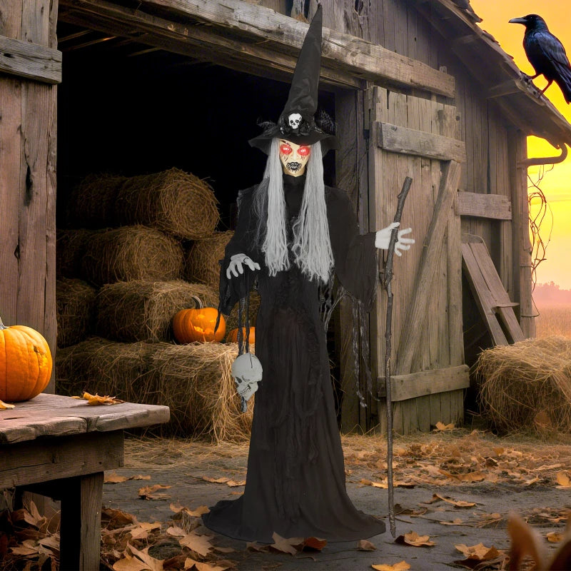 170 cm Animated Life Size Witch with Glowing LED Eyes - Spooky Halloween Decoration, Battery Operated Indoor Party Prop