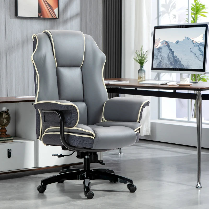Vinsetto Grey Faux Leather Executive Office Chair with White Contrast Piping - Ergonomic Design for Comfort and Style