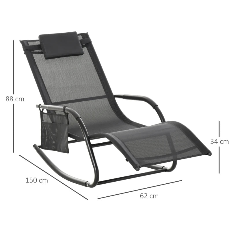 Black Outdoor Rocking Chair with Mesh Fabric, Headrest, Armrest, Storage Bag