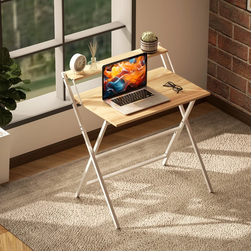 81.5 cm Folding Computer Desk with Monitor Shelf - Stylish Natural Wood Finish for Home Office & Study