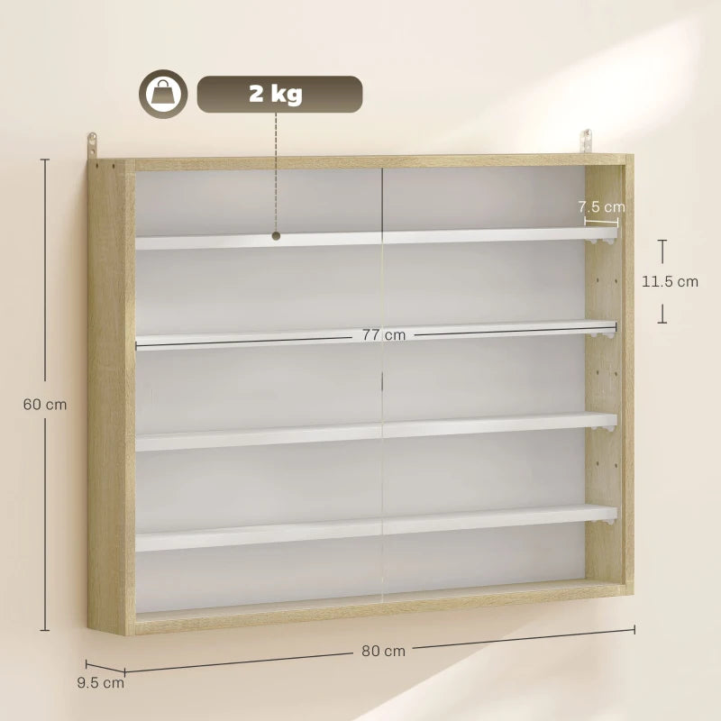 5-Tier Wall Display Shelf Unit with 4 Adjustable Shelves & Glass Doors - Natural Finish for Home & Office Decor 60x80cm