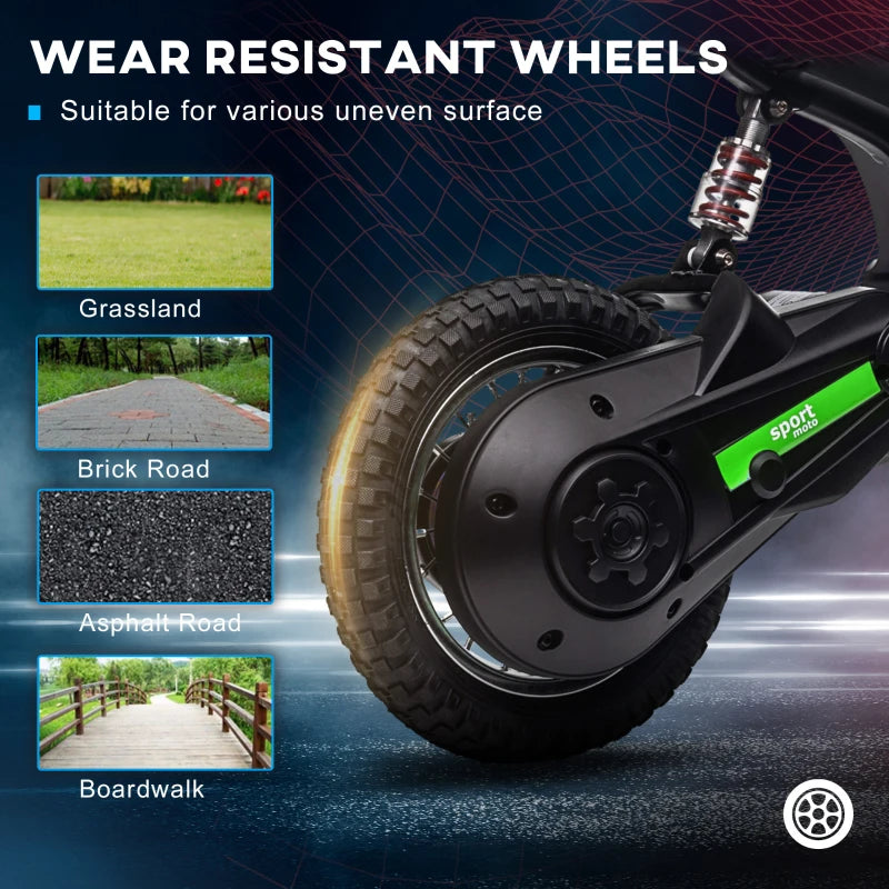 24V Electric Motorbike for Kids with Twist Grip Throttle Music Horn 12 Inch Tyres Green