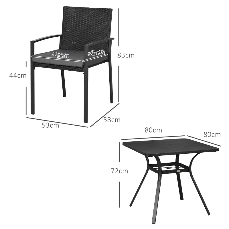 5-Piece Black Rattan Garden Dining Set with Cushioned Chairs