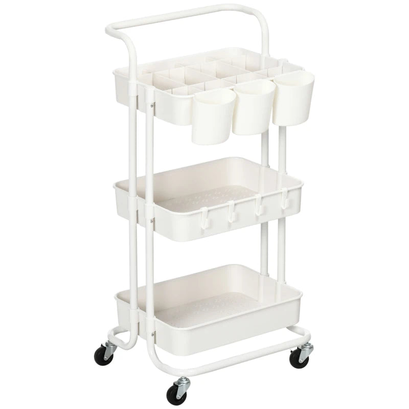 White Three-Tier Home Trolley with Handle and Wheels - Versatile Storage Cart for Kitchen, Living Room, and Office