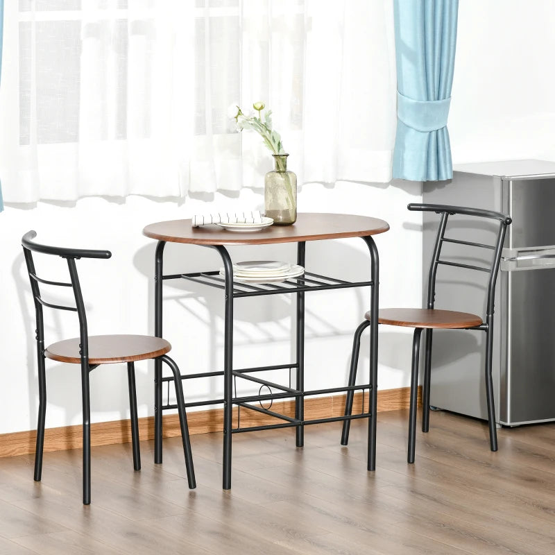 3 Piece Metal Frame Wood Top Dining Table Set with Storage Shelf and 2 Chairs for Breakfast Bar or Dining Room