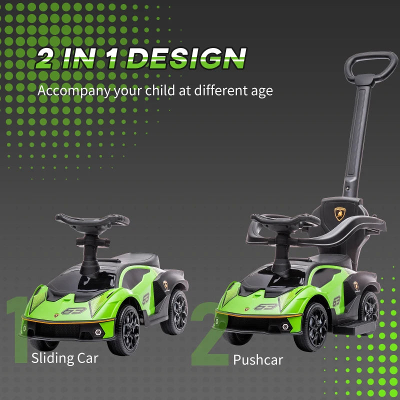 Kids 2-in-1 Lamborghini Ride-On Stroller with Horn - Green, Fun and Safe Outdoor Toy for Toddlers