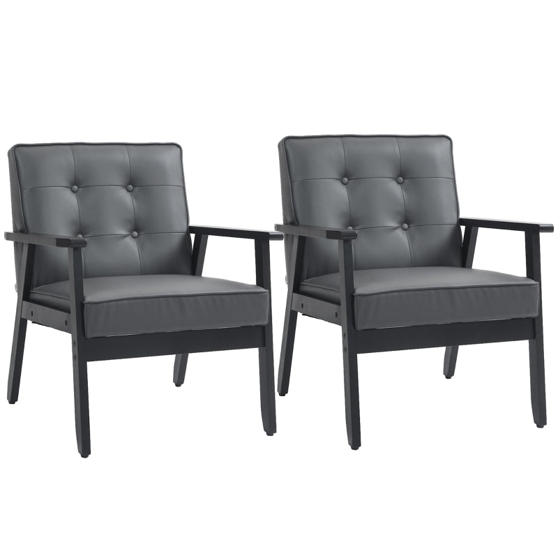 Set of 2 Grey PU Leather Accent Chairs with Beech Wood Frame for Living Room and Bedroom