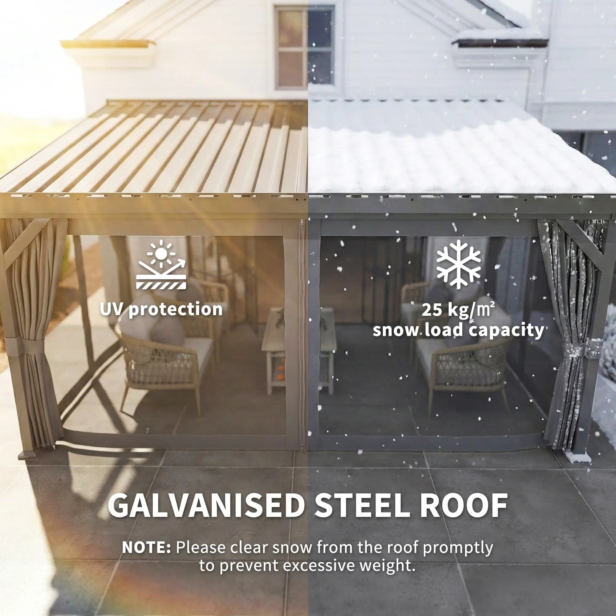 4.3m x 3m Lean-To Garden Pergola with Galvanised Steel Roof – Dark Grey Patio Gazebo with Netting Curtains for All-Weather Outdoor Living