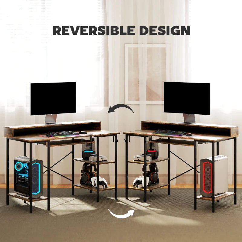 Rustic Brown Computer Desk with LED Lights & Power Outlets - 120x55 cm Gaming Desk with Monitor Stand & Storage Shelves