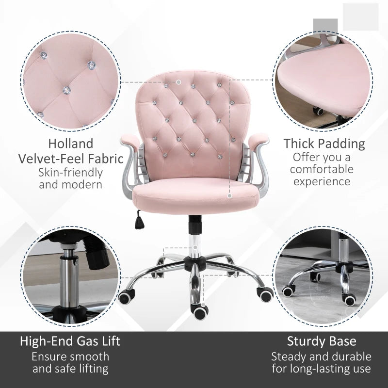 Vinsetto Pink Velvet Office Chair - Swivel Desk Chair with Adjustable Height & Rolling Wheels for Home & Study