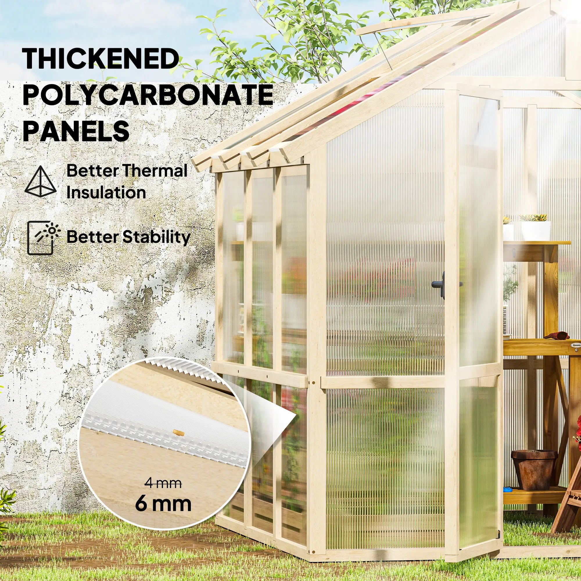 6.6ft x 6ft Polycarbonate Greenhouse - Walk-in Wooden Framed Greenhouse - Plants Grow House, Brown