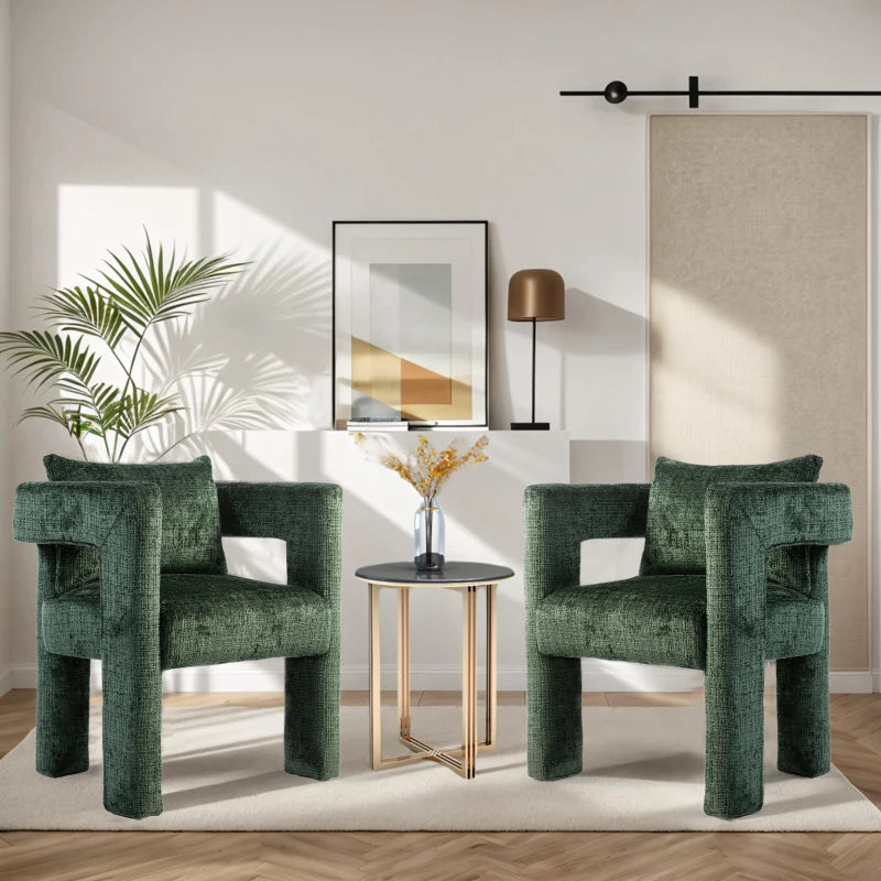Modern Lounge Chair Set of 2 - Hollow Armrest Design, Cushions & Pillows, 60x44x65 cm, Stylish Emerald Color