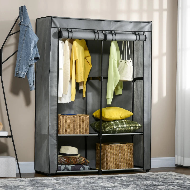 Light Grey Steel Frame Fabric Wardrobe with Rail and Shelves for Organized Storage
