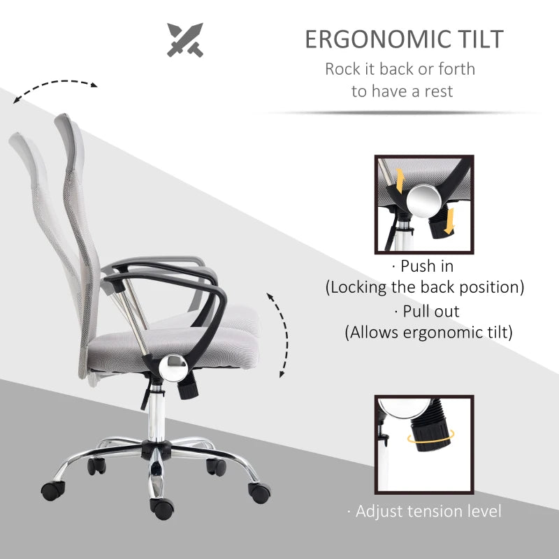 Vinsetto Ergonomic Mesh Office Chair - Adjustable Height & Tilt Function - Light Grey Comfort for Home & Office