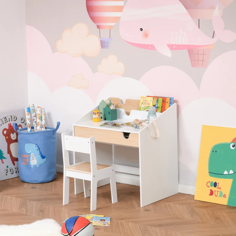 Kids Desk and Chair Set - 2-Piece Study Table with Storage Drawer & Bookshelf for Ages 3-6 - Ideal for Writing & Drawing