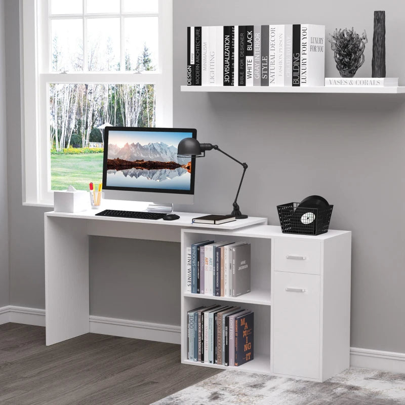 L-Shaped Corner Computer Desk with Storage Shelf & Drawer - Adjustable White Wood Grain Workstation for Home Office