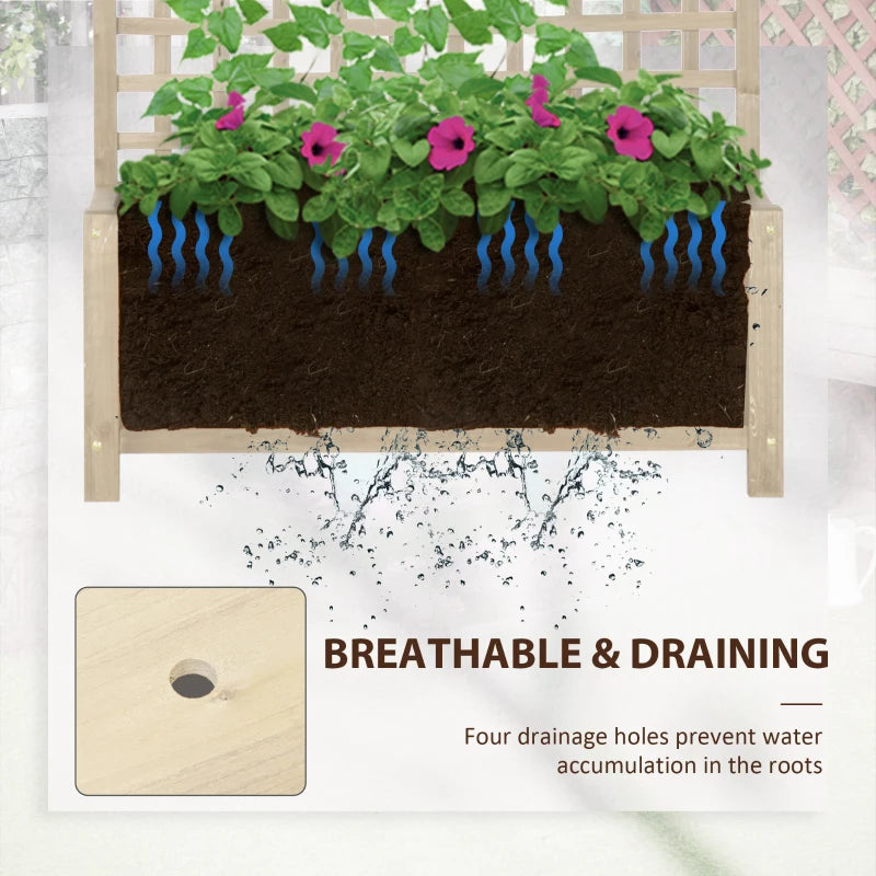 Wooden Raised Garden Bed with Trellis for Climbing Plants and Vegetables Natural Planter with Drainage Holes