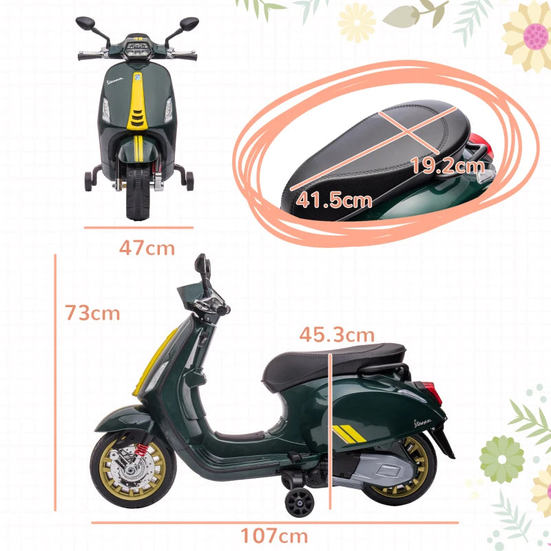 12V Licensed Kids Electric Vespa Motorbike with Music Headlights FM Radio for Ages 3-6 Green