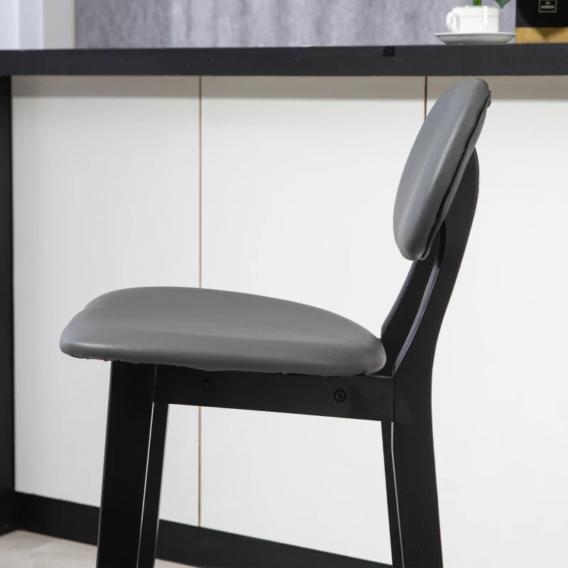 Set of 2 Dark Grey Bar Stools - PU Leather Kitchen Chairs with Backs & Footrests, Solid Wood Legs