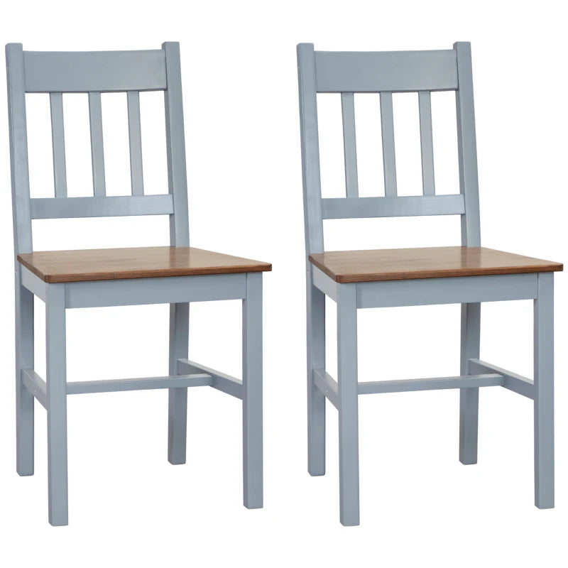 Set of 2 Grey Dining Chairs with Slat Back - Pine Wood Kitchen Chairs for Living Room & Dining Room