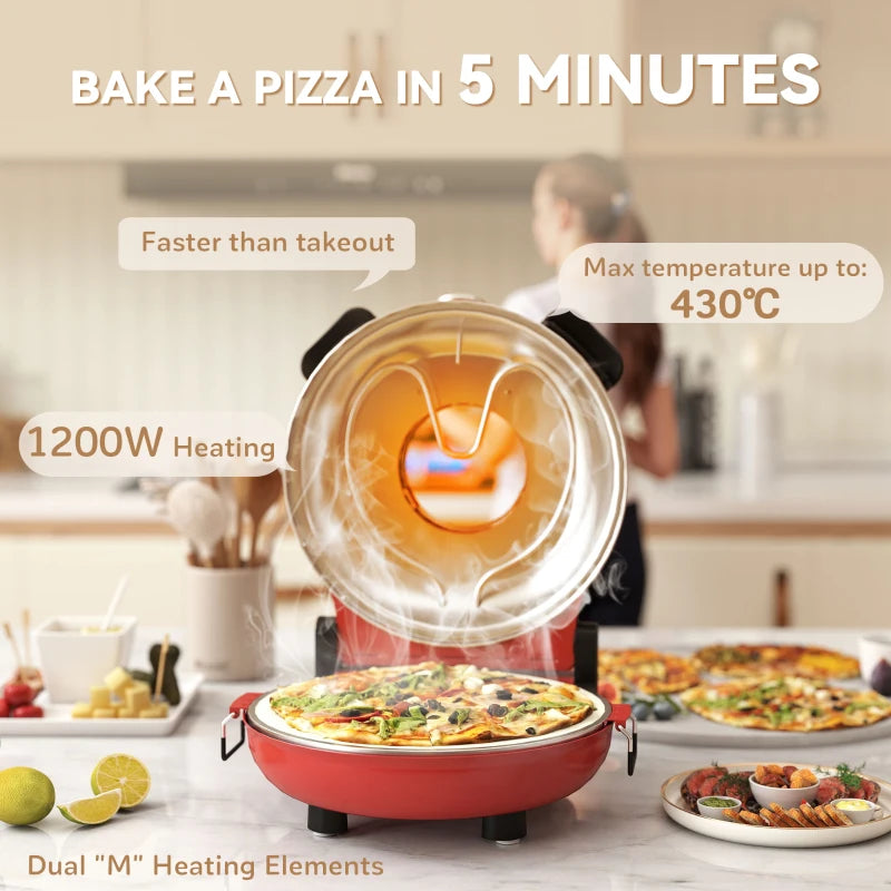 1200W Electric Pizza Oven - 12 Inch Maker with Viewing Window, Dual Temp Control, Timer & Overheat Protection - Red