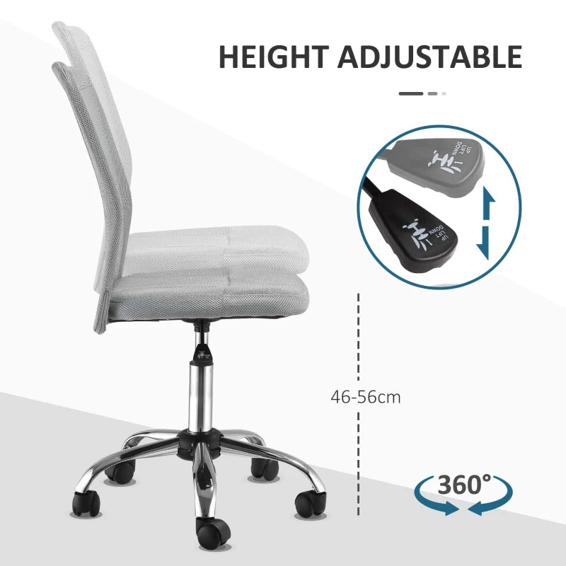 Armless Adjustable Office Chair with Rolling Wheels and Mesh Back for Home and Study Grey