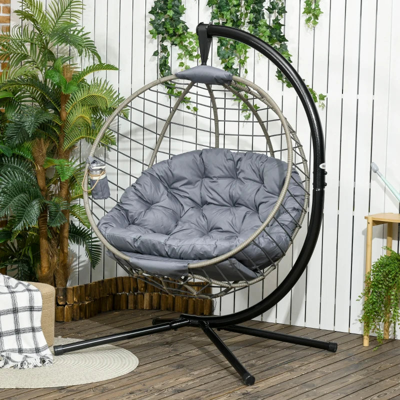 Grey Rattan Swing Chair with Metal Stand and Padded Cushion