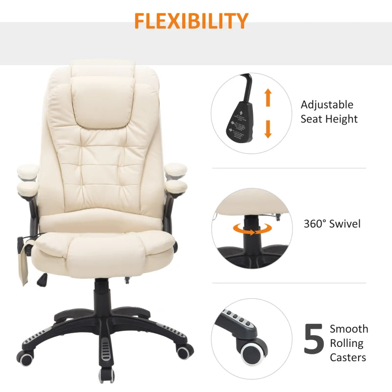 Beige 6-Point Massage Office Chair with Heated Seat - PU Leather High Back Executive Desk Chair, Adjustable Height & 360° Swivel